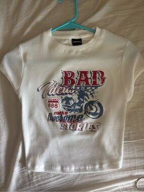 Bershka White Kids Tee with Red & Navy Motorcycle Graphic